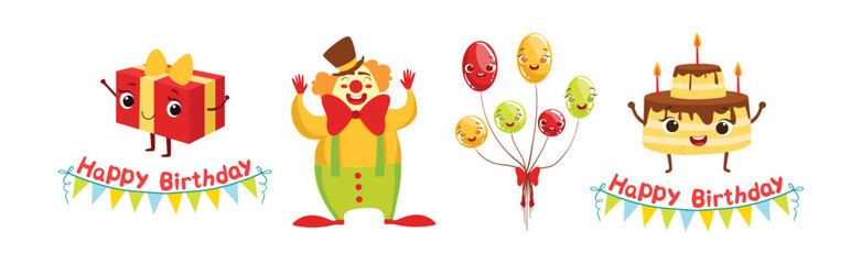 Funny Happy Birthday Character with Cake, Gift Box, Clown and Balloon Vector Set