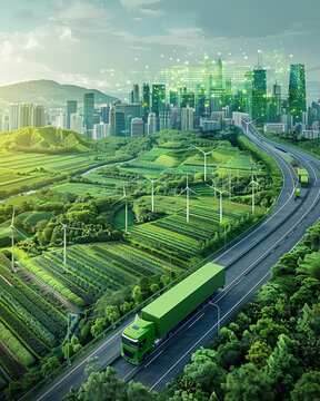 Eco-friendly supply chain, green logistics with renewable energy.