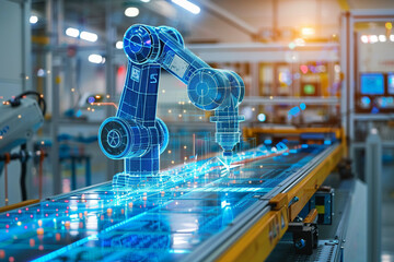 Automed manufacturing innovation with digital robotic technology, factories of the future.