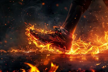 Naklejka premium Fiery footsteps on a dark trail symbolizing power