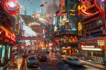 Fototapeta premium Retro futuristic city landscape complete with flying cars.
