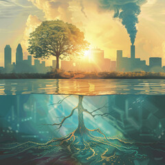 A creative illustration of the concept of serenity. Invoking nature and urban life