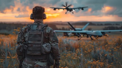 A soldier watches a military drone take off from the airfield's runway. - obrazy, fototapety, plakaty