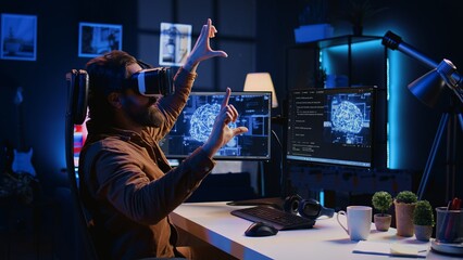 Computer scientist wearing VR glasses panicking after AI gains omniscience, throwing goggles and programming firewall. Programmer afraid by artificial intelligence gaining enlightenment, camera B