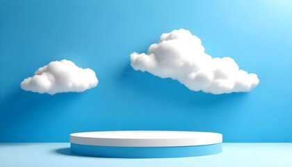 A white cloud hovers delicately on top of a blue podium, creating a striking contrast between the serene blue backdrop and the fluffy white cloud