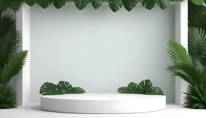 A white marble podium is covered with fresh green leaves, creating a vibrant and natural setting. Product Background. 