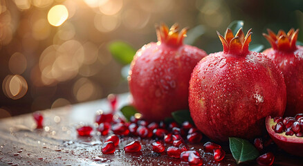 Obraz premium Three ripe red pomegranates with seeds on table and pomegranate field background.Macro.AI Generative