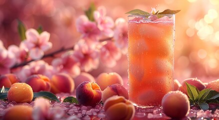 Glass of fresh peach nectarine juice with fruit halves on harvest plantation field background.Macro.AI Generative.
