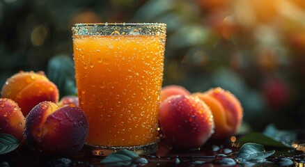 Glass of fresh peach nectarine juice with fruit halves on table and plantation field background.Macro.AI Generative.
