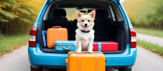 A dog calmly sitting in the trunk of a car, looking out into the distance. Travel concept