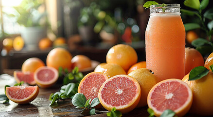 Bottle of fresh red grapefruit juice with fruit halves on grapefruit harvest plantation field background.Macro.AI Generative