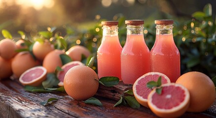 Bottles of fresh red grapefruit juice with fruit halves on grapefruit harvest plantation field background.Macro.AI Generative