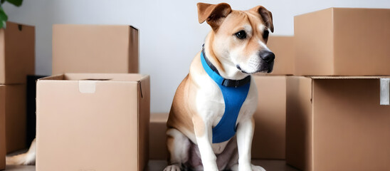A dog atop stacked boxes in a room with a neutral background