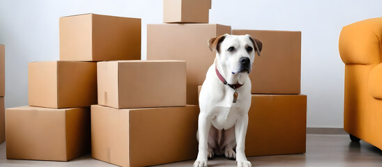 A dog atop stacked boxes in a room with a neutral background