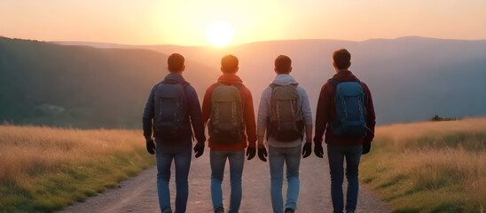 Four friends wearing backpacks are hiking up a steep hill together