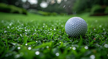 Golf ball on wet grass of empty golf resort field on sunny morning.Macro.AI Generative.