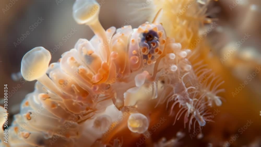Poster a microscopic view of a tiny sea creature covered in sticky brown algae that is affecting its abilit