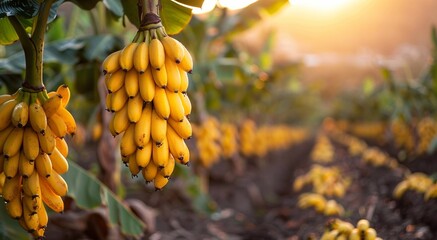 Raw ripe yellow bananas hanging on banana harvest plantation field background.Macro.AI Generative.