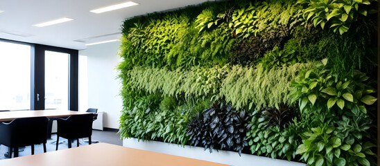 A green wall acts as a backdrop to an office space featuring a table and chairs, creating a vibrant and productive environment for work