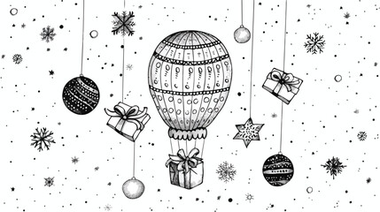 Black and white hot air ballon with the christmas gift