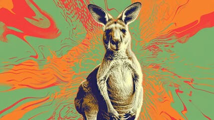 Kangaroo in pop-art style graphic, psychedelic colors swirling around its form, Burnt Orange and Electric Green background - obrazy, fototapety, plakaty