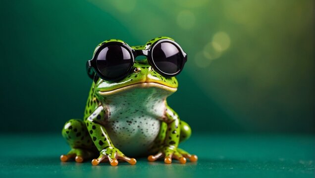A stylish green frog dons oversized black sunglasses, hinting at the fabled frog prince in a fun, playful image that pairs nature with charm