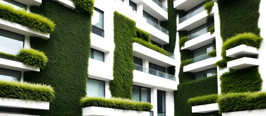 A building with numerous plants growing on its exterior wall, creating a green facade in an urban setting