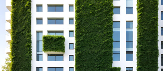 A building with numerous plants growing on its exterior wall, creating a green facade in an urban setting