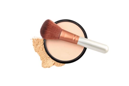 PNG, bottle with powder and brush, isolated on white background.