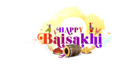 Vector illustration of Punjabi Sikh festival Baisakhi. Celebration background with Happy Baisakhi text. - obrazy, fototapety, plakaty