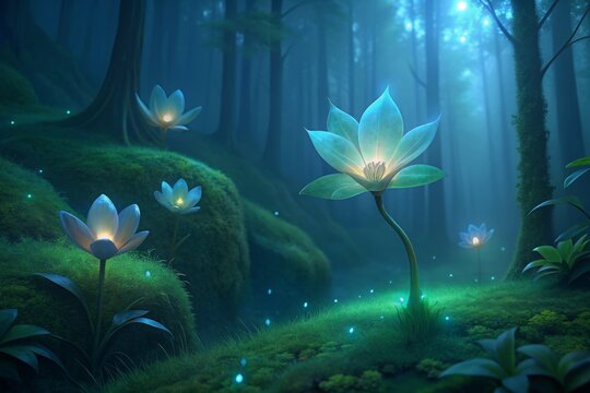 Semi transparent glowing flowers in the forest
