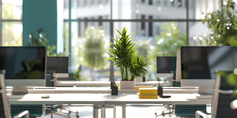 an office environment with modern desks and glass windows,  plants, computers ,  sunlight  , blur...
