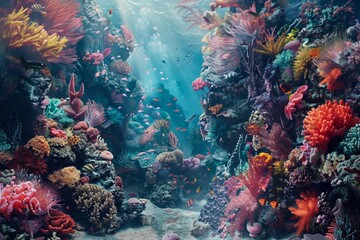 Naklejka na ściany i meble Underwater landscape, colorful coral reefs and exotic marine life