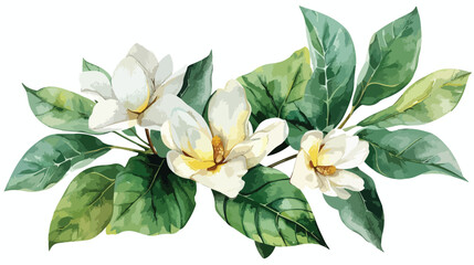 watercolor painting of leaves and flower on white background
