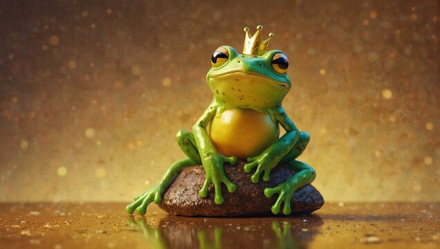 This image beautifully captures a frog prince in a contemplative pose on a rock, frog prince theme present