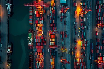 Busy Cargo Terminal with Rows of Containers from Above