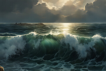 Blue stormy wave in the ocean. Color illustration.