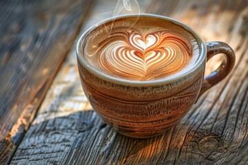 Heart Foam Latte Art On Cappuccino In Rustic Setting - obrazy, fototapety, plakaty
