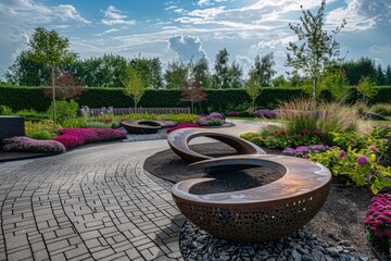 Eco-Friendly Landscape Architecture with Flowing Floral Forms - obrazy, fototapety, plakaty