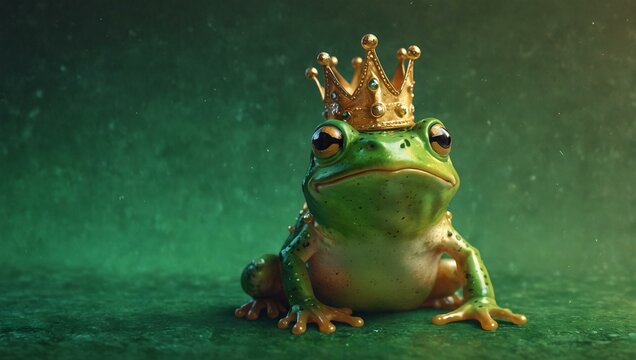An alluring frog prince adorned with a gilded crown, showcasing a serene demeanor that captures fairy-tale imagination amidst a green haze
