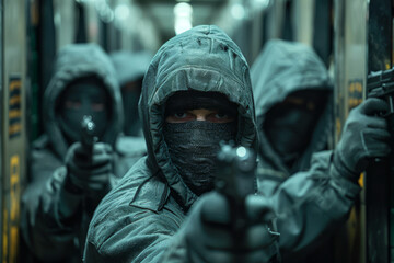 Group of masked thieves in black attire hollding guns came to rob a bank, attempting to crack open security safe