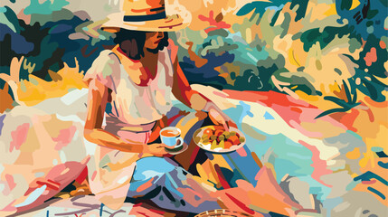 Woman in picnics Abstract oil painting Flat vector