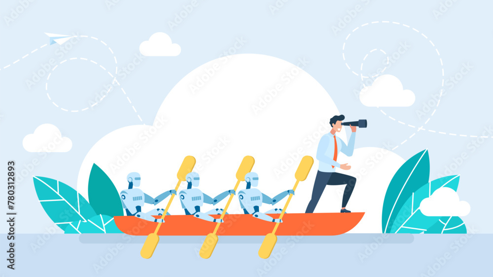 Poster a man is the captain of a team of robots. human businessman cooperation with robots concept. global 