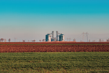 Fototapeta na wymiar Grain storage silos, large agricultural building on farmland