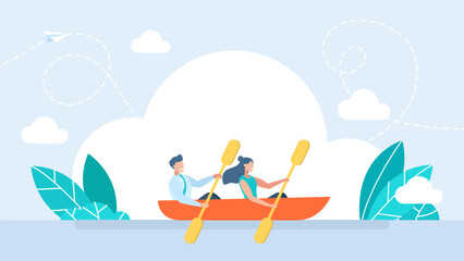 Obraz na płótnie Canvas Man and woman rowing a boat. Business man and woman collaborate on tasks. Couple in a canoe rowing oars along the river. Vector cartoon funny illustration