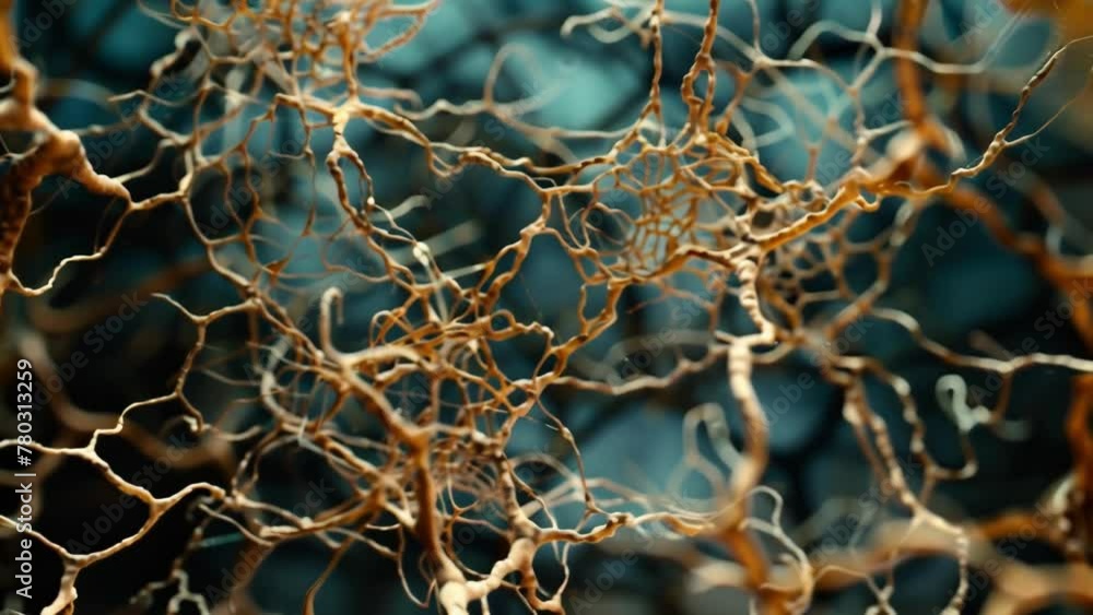 Poster closeup of a fungal network resembling a tangled maze of thin strands. each strand is intricately co