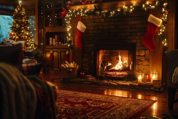 Fototapeta na wymiar Christmas Celebration Atmosphere with Crackling Fireplace
