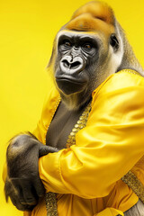 Contemplative Ape: Bold Contrast in Yellow Attire
