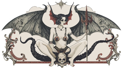 Young sexy demon with bat wings sitting and holding