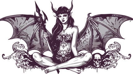 Young sexy demon with bat wings sitting and holding